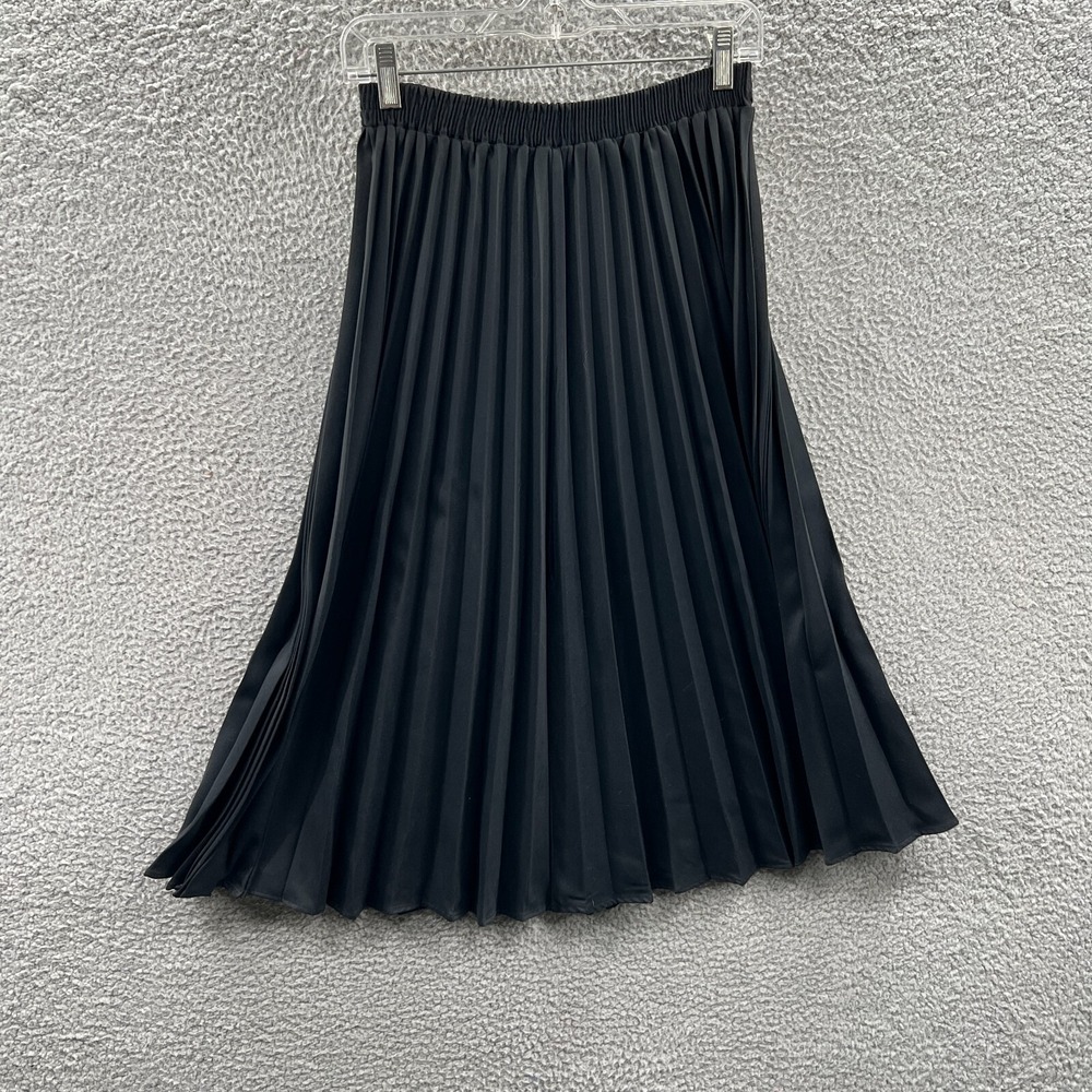 Vintage Womens Pleated Black Midi Skirt XS Elastic Waist Minimalist Retro Casual